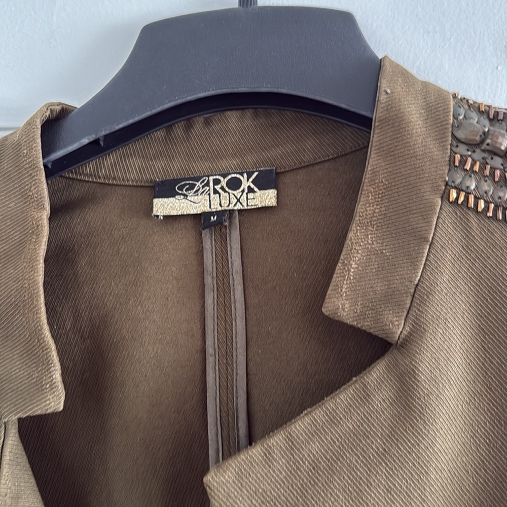 La Rok Luxe Olive Green Tuxedo StyleStudded Jacket - Picture 2 of 3